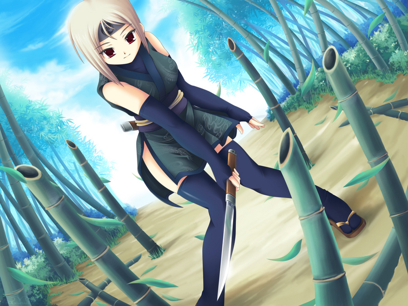 1girl bamboo bamboo_forest blonde_hair elbow_gloves fadalgia forest fuyutsuki_rei gloves headband japanese_clothes leaf leaves maxwindy nature red_eyes solo sword thighhighs weapon
