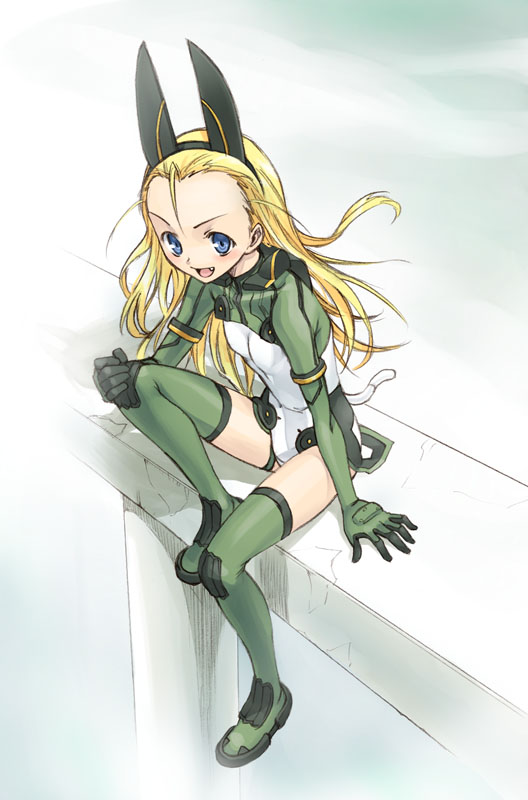 :d ahoge animal_ears arm_support blonde_hair blue_eyes blush boots breasts cloud crack elise_von_dietrich fake_animal_ears from_above from_side full_body gloves green_footwear green_gloves green_legwear hairband hand_on_own_knee headgear knee_up leotard long_hair looking_at_viewer motion_slit open_mouth outdoors pilot_suit satou_atsuki sitting sky sky_girls small_breasts smile solo thigh_boots thighhighs turtleneck v-shaped_eyebrows white_leotard