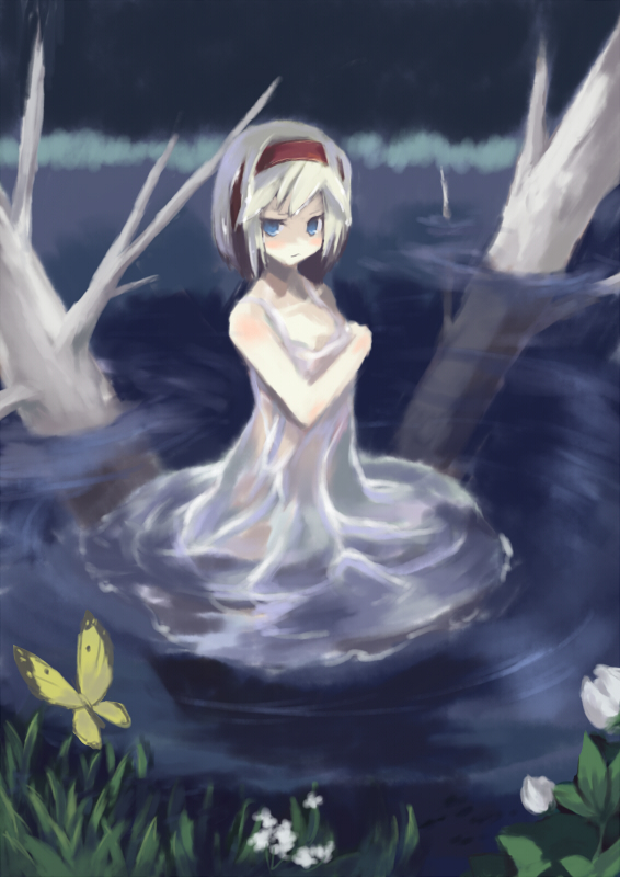 alice_margatroid blonde_hair blue_eyes blush bug butterfly dress flower hairband insect lake solo touhou white_dress xexu