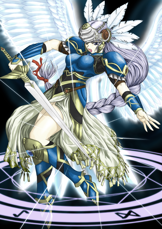 armor armored_dress artist_request braid lenneth_valkyrie long_braid long_hair magic_circle sword valkyrie_profile weapon wings