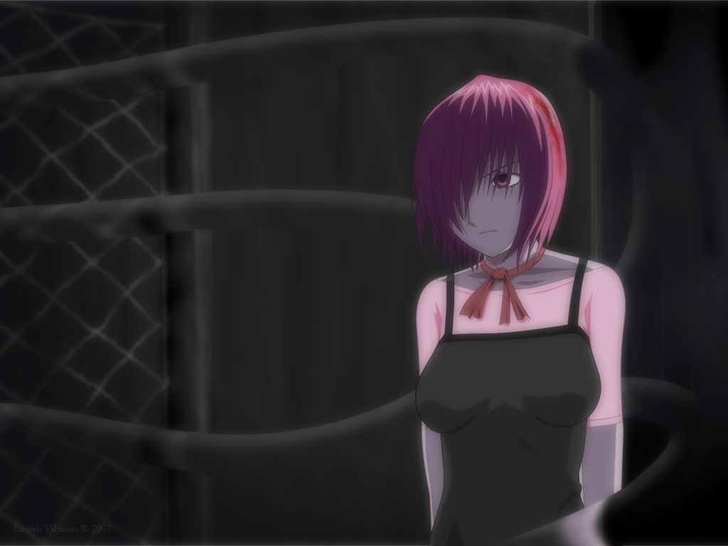 artist_request blood bow bowtie breasts dress elfen_lied lace large_breasts lucy_(elfen_lied) pink_hair shirt short_hair solo vectors wallpaper