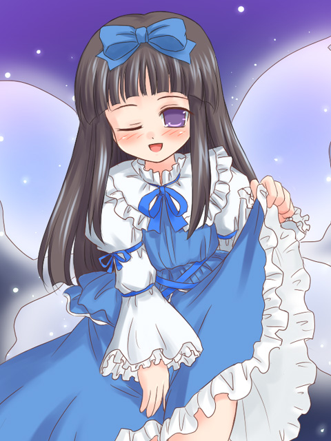 ;d blue_bow blue_dress bow brown_hair collar dress frilled_sleeves frills hair_bow long_hair long_sleeves one_eye_closed open_mouth purple_eyes ry skirt_hold smile solo standing star_sapphire touhou very_long_hair