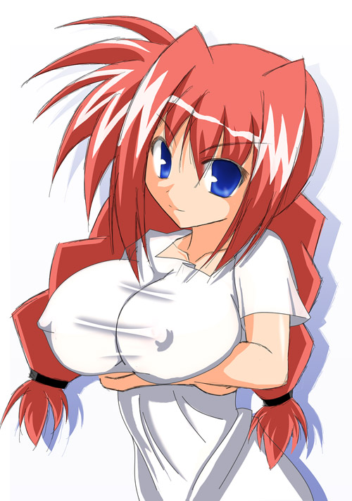 alternate_breast_size artist_request bangs blue_eyes braid breast_hold breasts covered_nipples crossed_arms dress from_side large_breasts light_smile long_hair looking_at_viewer lyrical_nanoha mahou_shoujo_lyrical_nanoha mahou_shoujo_lyrical_nanoha_a's older red_hair scrunchie shadow shirt short_sleeves simple_background sketch smile solo t-shirt taut_clothes taut_dress twin_braids upper_body vita white_background white_dress