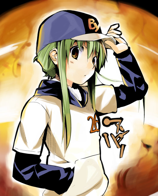 adjusting_clothes adjusting_hat amber_(darker_than_black) arm_up backlighting baseball_cap blue_hat blush brown_eyes closed_mouth clothes_writing darker_than_black green_hair hand_in_pocket hand_on_headwear hat kabocha_(monkey4) layered_sleeves long_sleeves looking_at_viewer short_hair_with_long_locks sidelocks solo tareme translation_request upper_body