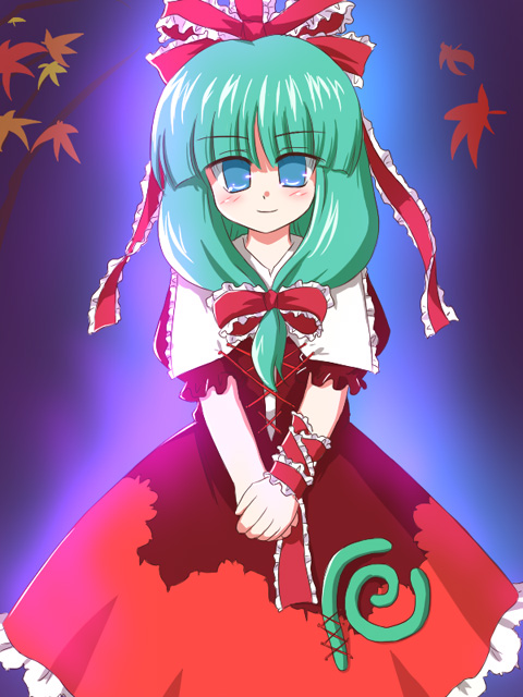 autumn_leaves blue_background blue_eyes dress falling_leaves frills front_ponytail green_hair kagiyama_hina leaf looking_at_viewer own_hands_together puffy_short_sleeves puffy_sleeves red_dress ry shawl short_sleeves simple_background solo standing touhou v_arms wrist_cuffs