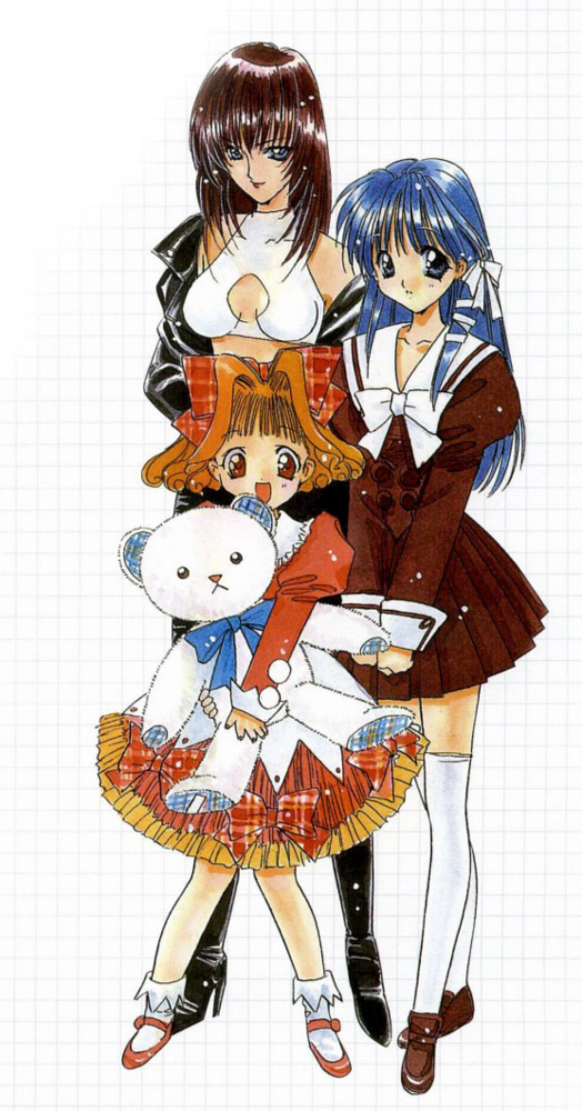 90s angel_flavor artbook boots bow frills hair_bow hair_ribbon kurenai_kasumi mary_janes multiple_girls nanase_aoi ribbon school_uniform seraphim_call shoes socks stuffed_animal stuffed_toy tachibana_urara teddy_bear teramoto_tanpopo thighhighs tress_ribbon white_background zettai_ryouiki