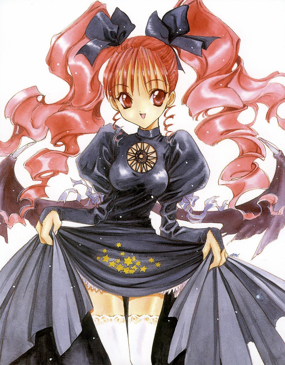 90s angel_flavor artbook black bow demon_wings dress dress_lift drill_hair hair_bow highres nanase_aoi ribbon rindou_ayaka seraphim_call skirt solo star thighhighs twintails white_background wings