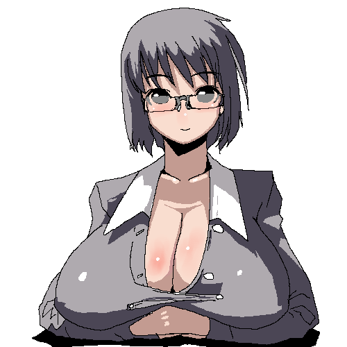 artist_request blush breasts cleavage copyright_request glasses grey_eyes grey_hair huge_breasts lowres oekaki office_lady solo