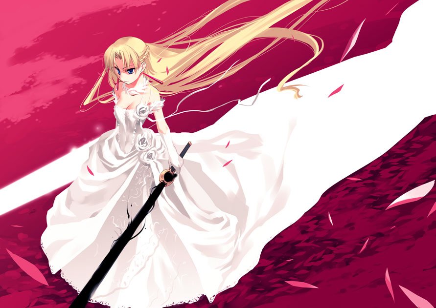 blonde_hair blue_eyes breasts bride cleavage dress dual_wielding dutch_angle earrings elbow_gloves gloves holding ishida_akira jewelry long_hair original small_breasts solo sword train_(clothing) very_long_hair weapon wedding_dress wind
