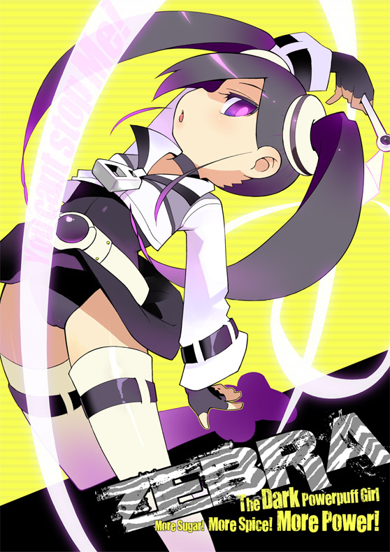 :o arm_up armlet belt black_gloves black_hair brooch fingerless_gloves gem gloves jewelry long_sleeves looking_at_viewer looking_to_the_side minawa open_mouth original parted_lips simple_background solo thigh_strap thighhighs twintails white_legwear yellow_background
