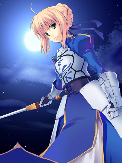 ahoge armor armored_dress artoria_pendragon_(all) azu blonde_hair clenched_hand dress fate/stay_night fate_(series) full_moon gauntlets green_eyes hair_ribbon holding holding_sword holding_weapon looking_at_viewer moon night night_sky outstretched_arm ribbon saber short_hair sky solo sword unsheathed weapon