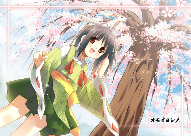 :d black_hair cherry_blossoms eretto from_below japanese_clothes looking_at_viewer looking_down open_mouth original plant red_eyes sash short_hair smile solo spring_(season) tree