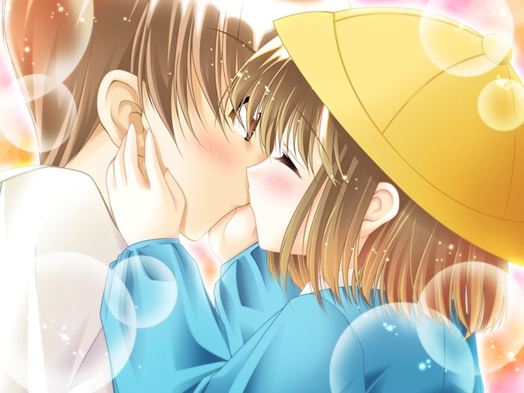 1girl blouse blush bubble closed_eyes couple game_cg hat hetero kiss louis&amp;visee school_hat surprised tail_tale