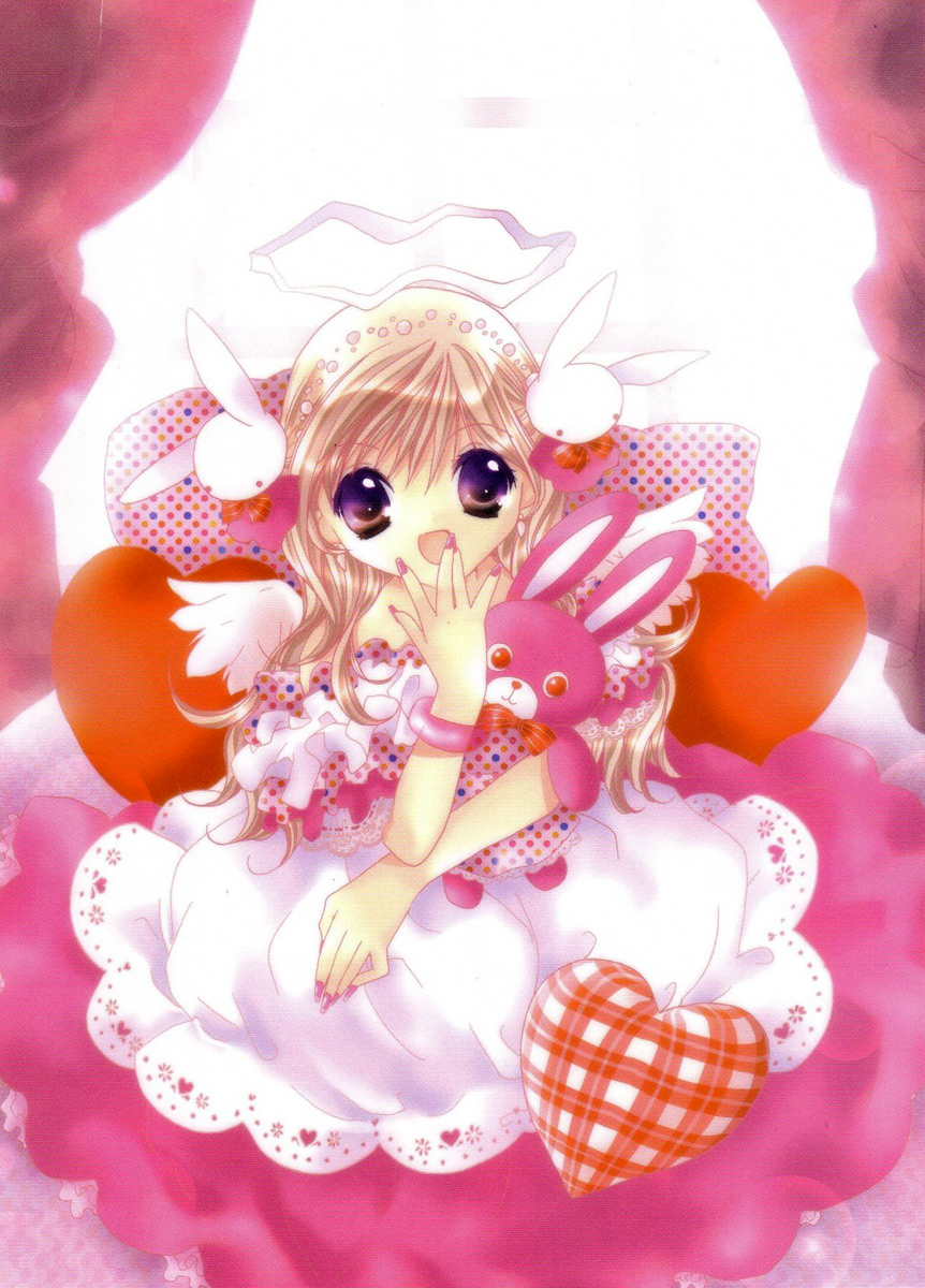 bird_wings blonde_hair bunny bunny_hair_ornament dress hair_ornament halo heart highres koge_donbo misha_(pita_ten) nail_polish official_art open_mouth pillow pink_nails pita_ten polka_dot purple_eyes solo stuffed_toy white_wings wings