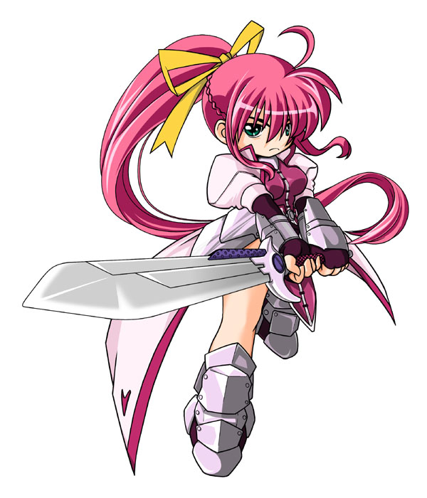 armor armored_boots boots dress gauntlets green_eyes hair_ribbon holding holding_sword holding_weapon juliet_sleeves kei_(fortune) knee_boots levantine long_hair long_sleeves looking_at_viewer lyrical_nanoha mahou_shoujo_lyrical_nanoha mahou_shoujo_lyrical_nanoha_a's pink_hair ponytail puffy_sleeves ribbon signum solo sword unsheathed very_long_hair weapon white_dress