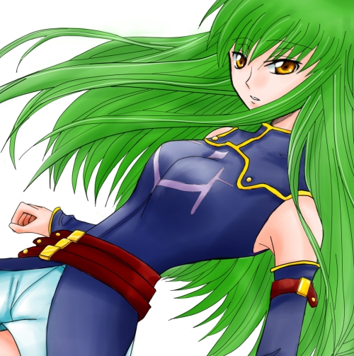 armlet armpits artist_request bangs bare_shoulders brown_hair c.c. code_geass detached_sleeves expressionless eyebrows_visible_through_hair green_hair long_hair long_sleeves looking_at_viewer robe shorts simple_background skin_tight solo very_long_hair white_background yellow_eyes
