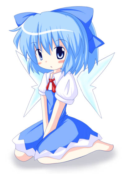 barefoot blue_eyes blue_hair blush_stickers bow cirno dress hair_bow r_pascal sitting solo touhou wings