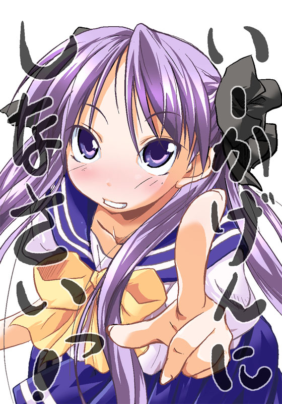 blush foreshortening grin hands hiiragi_kagami ko-chin lucky_star pointing purple_hair ryouou_school_uniform school_uniform serafuku smile solo yellow_neckwear