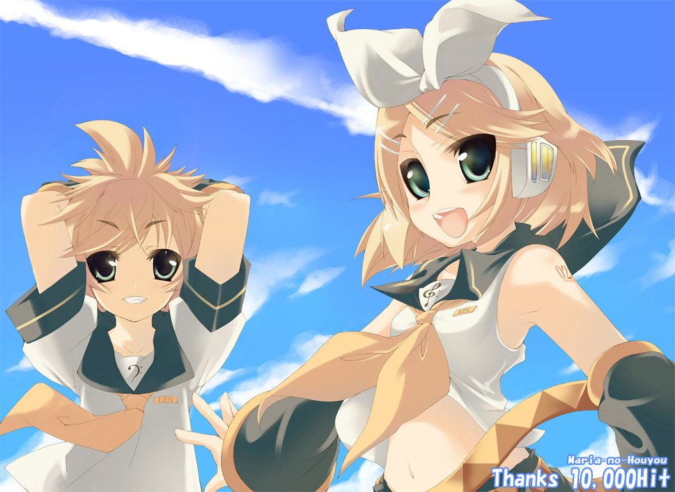 1girl amanooni_touri armpits brother_and_sister cloud day hits kagamine_len kagamine_rin outdoors siblings sky twins vocaloid