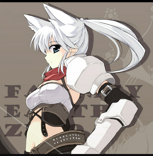 animal_ears armlet blue_eyes blush breasts cat_ears fantasy_earth_zero gauntlets grey_background looking_at_viewer medium_breasts midriff navel ponytail puffy_short_sleeves puffy_sleeves red_scarf scarf short_sleeves simple_background solo stomach touya_(the-moon) white_hair