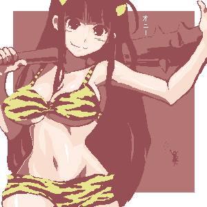 animal_print artist_request bikini black_hair breasts copyright_request horns large_breasts long_hair lowres mace oekaki oni solo swimsuit tiger_print weapon
