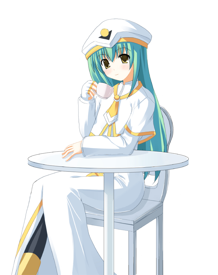alice_carroll aqua_hair aria blush capelet cup dress green_eyes holding long_hair long_sleeves looking_at_viewer odayan pantyhose robe sidelocks simple_background solo table teacup very_long_hair white_background white_dress