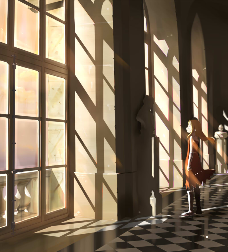 arch bad_id bad_pixiv_id blonde_hair boots checkered checkered_floor floating_hair indoors long_hair looking_afar nabana pixiv_fantasia pixiv_fantasia_1 pointy_ears profile scenery sculpture shadow solo standing sunlight sunset vanishing_point wide_shot window window_shade
