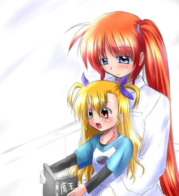 :d ahoge blush book green_eyes height_difference holding holding_book long_hair long_sleeves lyrical_nanoha mahou_shoujo_lyrical_nanoha_strikers misana mother_and_daughter multiple_girls open_mouth purple_eyes raglan_sleeves reading red_eyes red_hair shirt side_ponytail simple_background smile t-shirt takamachi_nanoha twintails upper_body very_long_hair vivio white_background