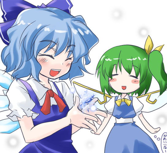 artist_request bow cirno daiyousei multiple_girls snowflakes touhou translated wings