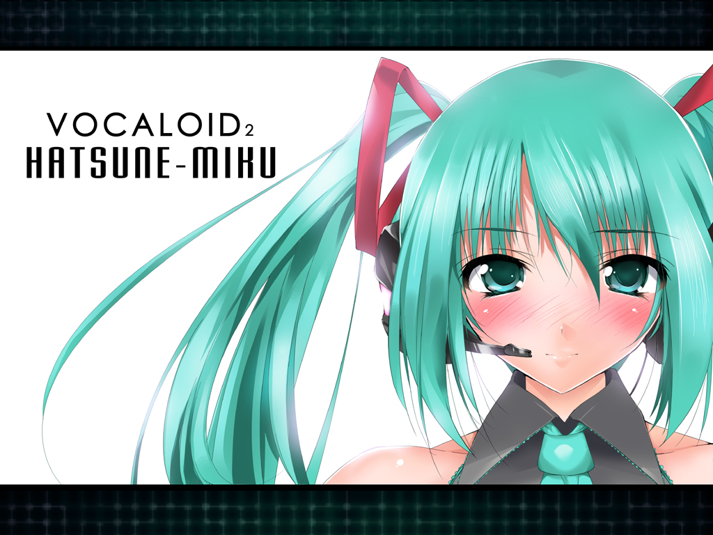 blush green_hair hatsune_miku headphones long_hair necktie noto_kurumi solo twintails vocaloid wallpaper