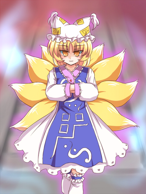 blonde_hair fox_tail hands_in_opposite_sleeves hat multiple_tails ry short_hair solo tail touhou yakumo_ran yellow_eyes