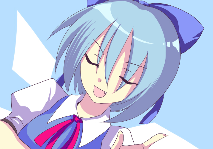 artist_request bow cirno closed_eyes fang smile solo touhou