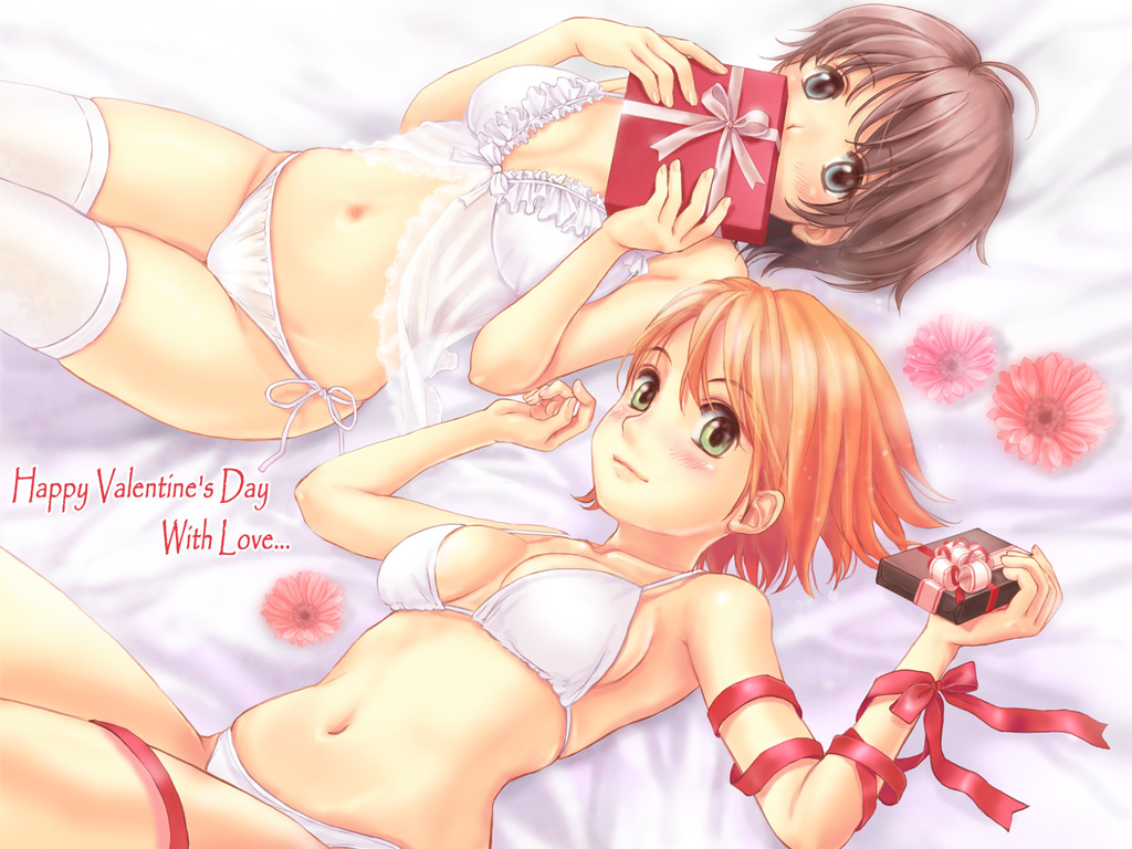 arm_ribbon babydoll bed_sheet bra brown_hair camisole chocolate covering_mouth flower frills gerbera gift green_eyes happy_valentine holding holding_gift lingerie looking_at_viewer lying multiple_girls navel on_back orange_hair original panties red_ribbon ribbon saimon short_hair side-tie_panties thighhighs underwear underwear_only valentine white_legwear white_panties