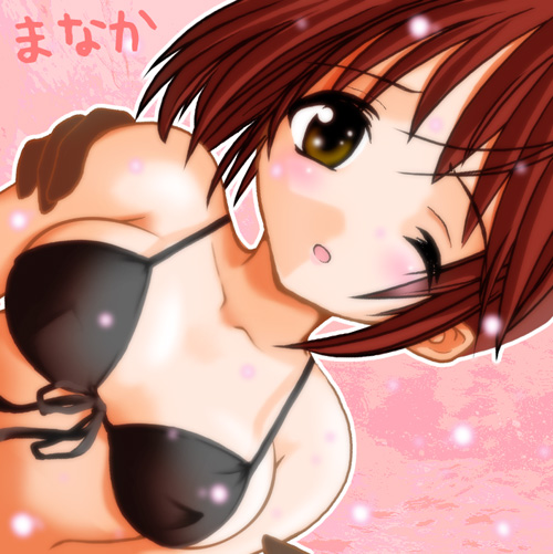 ;o bikini character_name hand_on_shoulder kei_(fortune) komaki_manaka light_particles one_eye_closed open_mouth outline red_hair solo_focus swimsuit to_heart_2