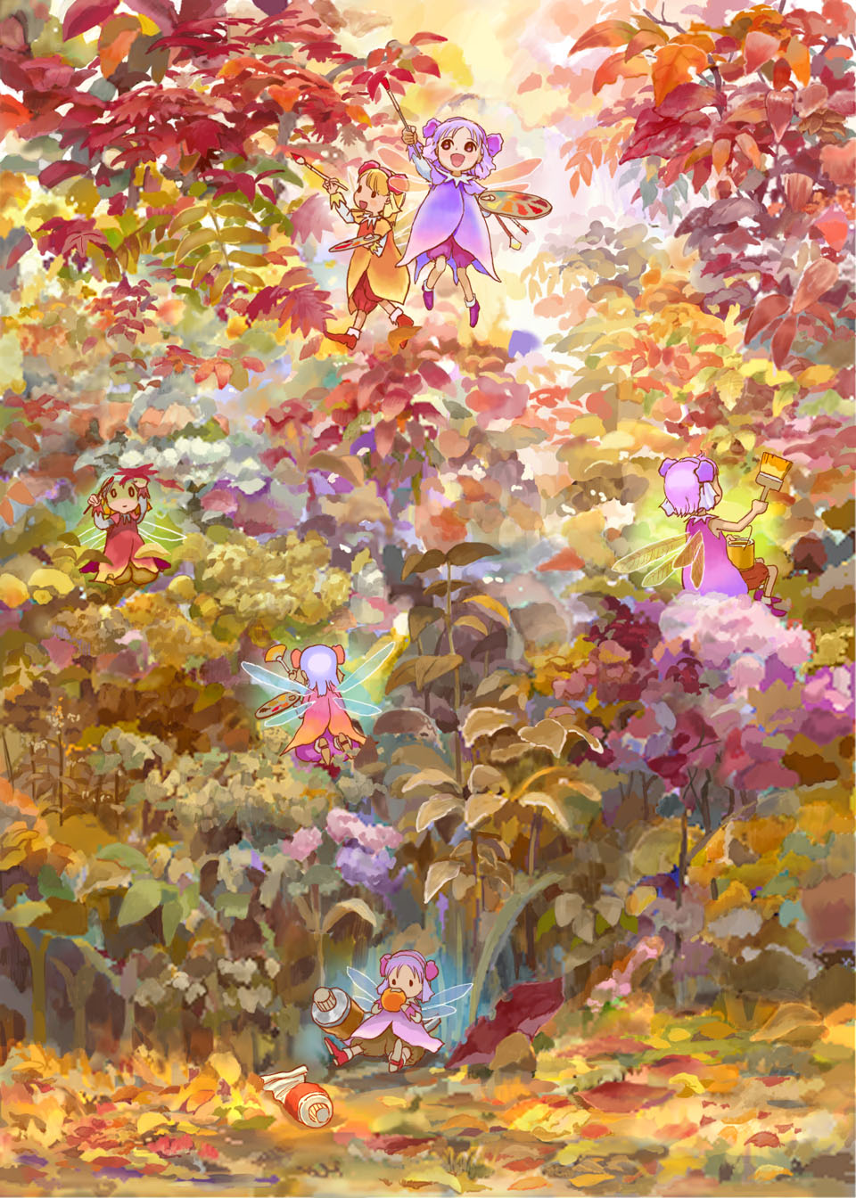 art_brush autumn efira fairy highres leaf multiple_girls nature original paintbrush painting palette scenery
