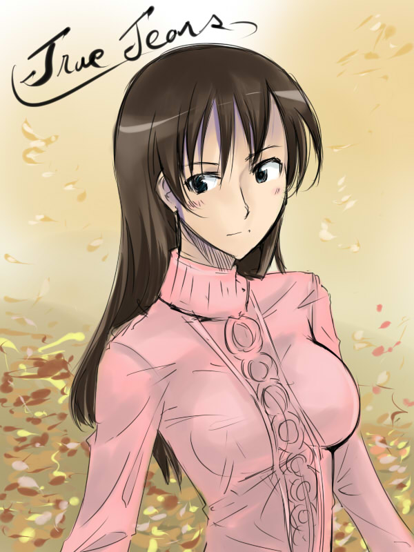autumn_leaves black_eyes breasts brown_hair closed_mouth copyright_name cosaten large_breasts long_hair long_sleeves looking_at_viewer looking_back outdoors smile solo sweater true_tears upper_body yuasa_hiromi