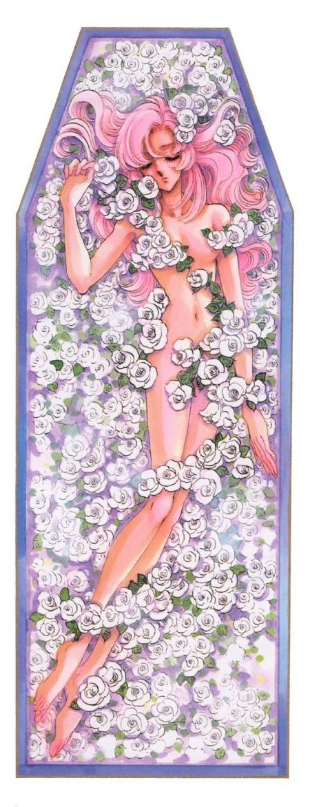 90s barefoot closed_eyes coffin flower nude official_art pink_hair rose saitou_chiho scan shoujo_kakumei_utena solo tenjou_utena white_flower white_rose
