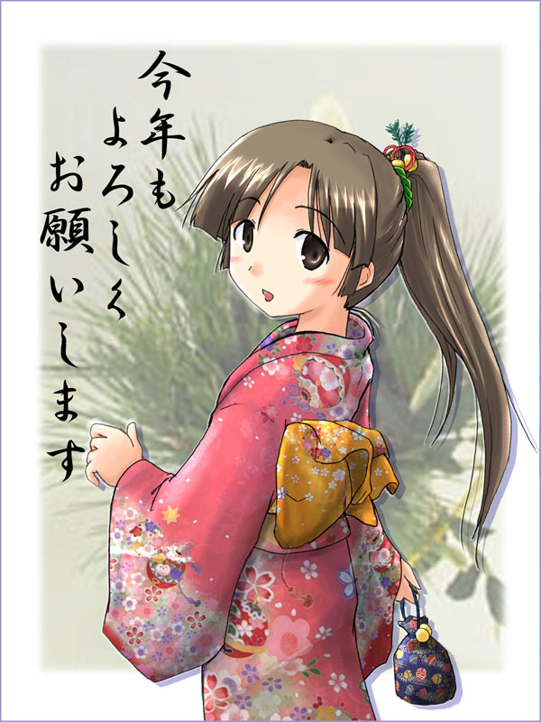 blush brown_hair copyright_request japanese_clothes kimono kotoyoro mitan new_year ponytail solo