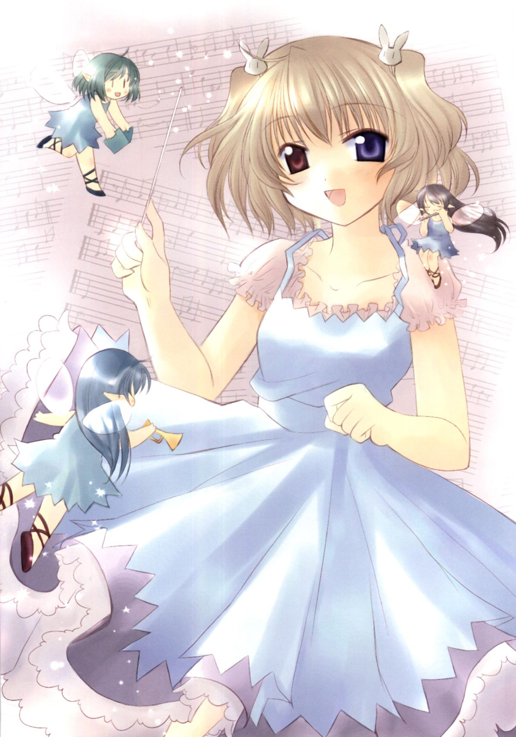 angelic_serenade angelic_serenade_art_collection artbook band baton_(instrument) beamed_eighth_notes beamed_sixteenth_notes bunny_hair_ornament closed_eyes eighth_note eighth_rest fairy flute frills hair_ornament half_note heterochromia highres instrument lasty_farson music musical_note naruse_chisato quarter_note ribbon sharp_sign sheet_music solo staff_(music) tenbatsu_angel_rabbie trumpet