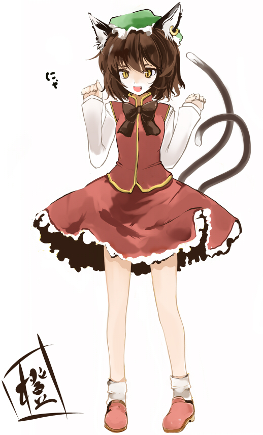 animal_ears brown_hair cat_ears cat_tail character_name chen earrings fang hat jewelry multiple_tails short_hair solo tail takaharu touhou yellow_eyes