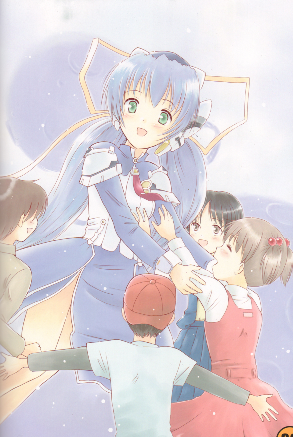 :d arms_up artist_request baseball_cap black_hair blue_hair blue_skirt brown_hair dress from_side green_eyes hat height_difference highres hoshino_yumemi long_hair long_sleeves looking_at_viewer open_mouth outstretched_arms planetarian profile raglan_sleeves red_dress shirt skirt smile solo t-shirt very_long_hair white_shirt