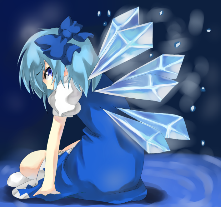 artist_request blue_bow blue_dress blue_eyes blue_hair bow cirno dress eyebrows_visible_through_hair flat_chest full_body ice ice_wings looking_at_viewer puffy_short_sleeves puffy_sleeves short_hair short_sleeves sitting solo source_request touhou wings