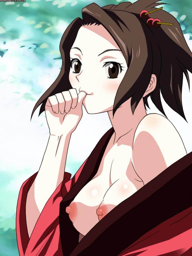 breasts brown_hair finger_on_mouth finger_to_mouth fuu japanese_clothes kimono nipples samurai_champloo