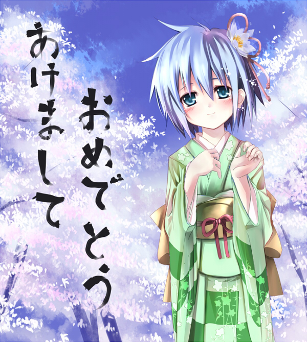 cherry_blossoms flower green_eyes hair_flower hair_ornament head_tilt japanese_clothes kimono long_sleeves obi original outdoors plant red_ribbon ribbon sash sho_(runatic_moon) short_hair silver_hair solo tree wide_sleeves