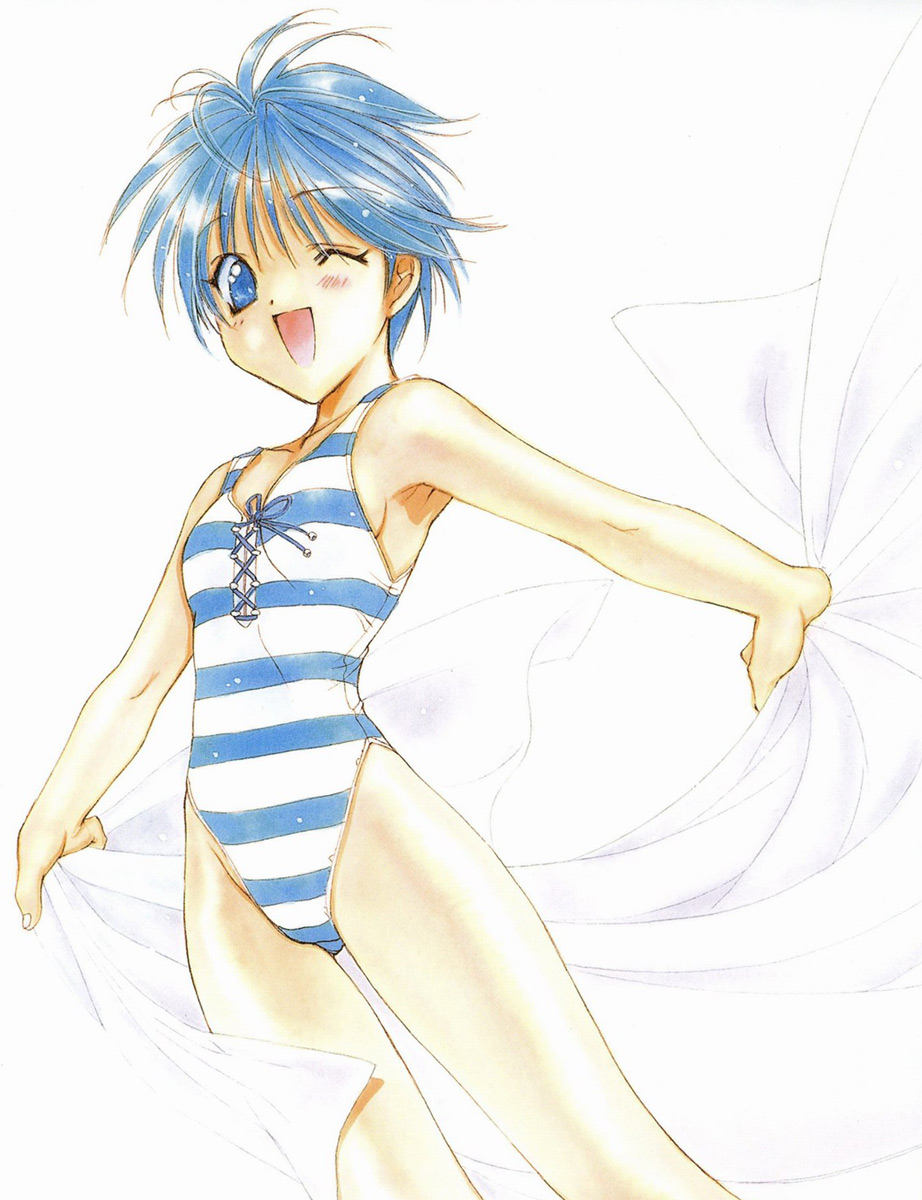 90s angel_flavor artbook blush highres kusunoki_hatsumi nanase_aoi one-piece_swimsuit seraphim_call solo striped striped_swimsuit swimsuit towel white_background