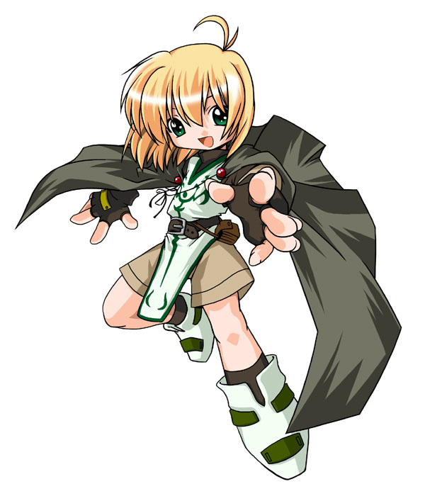 :d antenna_hair bangs belt black_cape black_gloves black_legwear blonde_hair boots brown_shorts cape fingerless_gloves full_body gloves green_eyes hair_between_eyes kei_(fortune) looking_at_viewer lyrical_nanoha mahou_shoujo_lyrical_nanoha male_focus open_mouth pouch shorts simple_background smile socks solo white_background yuuno_scrya