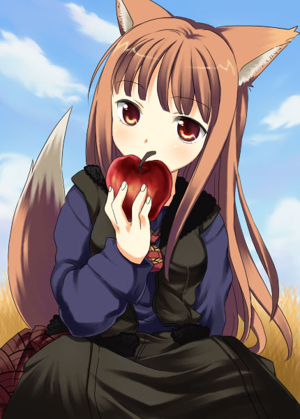 animal_ears apple food fruit holding holding_food holding_fruit holo jimeko long_hair solo spice_and_wolf tail wolf_ears