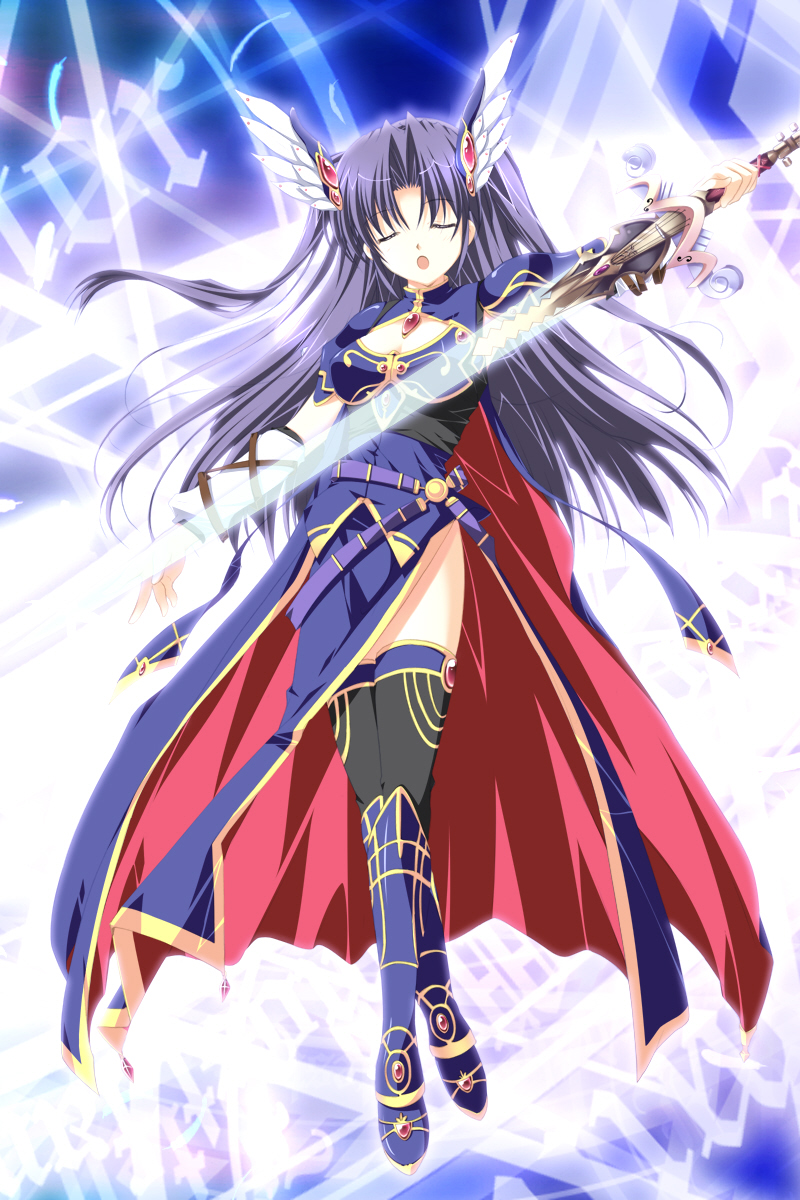 artist_request breasts cape cleavage closed_eyes copyright_request highres long_hair medium_breasts purple_hair solo sword thighhighs weapon