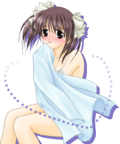artist_request blush breasts brown_eyes brown_hair cleavage collarbone embarrassed ever_17 full-face_blush looking_at_viewer matsunaga_sara medium_breasts simple_background sitting solo towel white_background