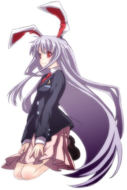 animal_ears bunny_ears kneeling long_hair mimana necktie purple_hair red_eyes red_neckwear reisen_udongein_inaba skirt solo touhou